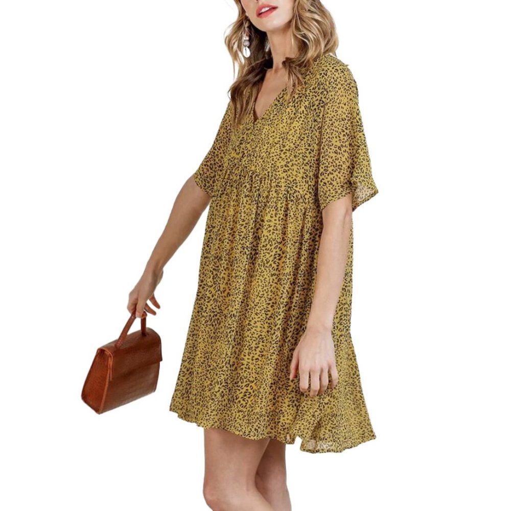 Umgee Leopard Babydoll Dress Bohemian Short Sleeves V-Neck Honey Size L NWOT